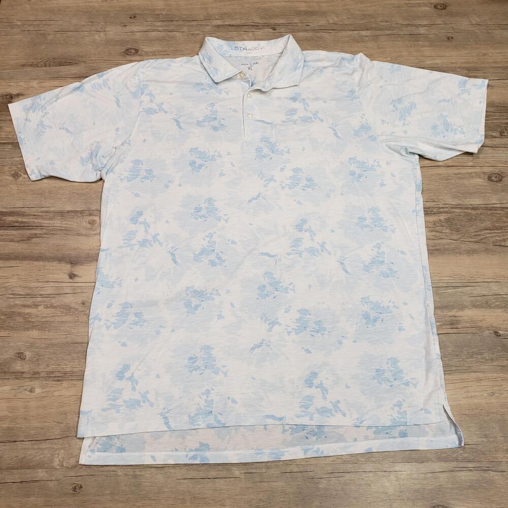 B Draddy Polo Shirt Mens XL White Blue Floral Pima Cotton Golf Stretch